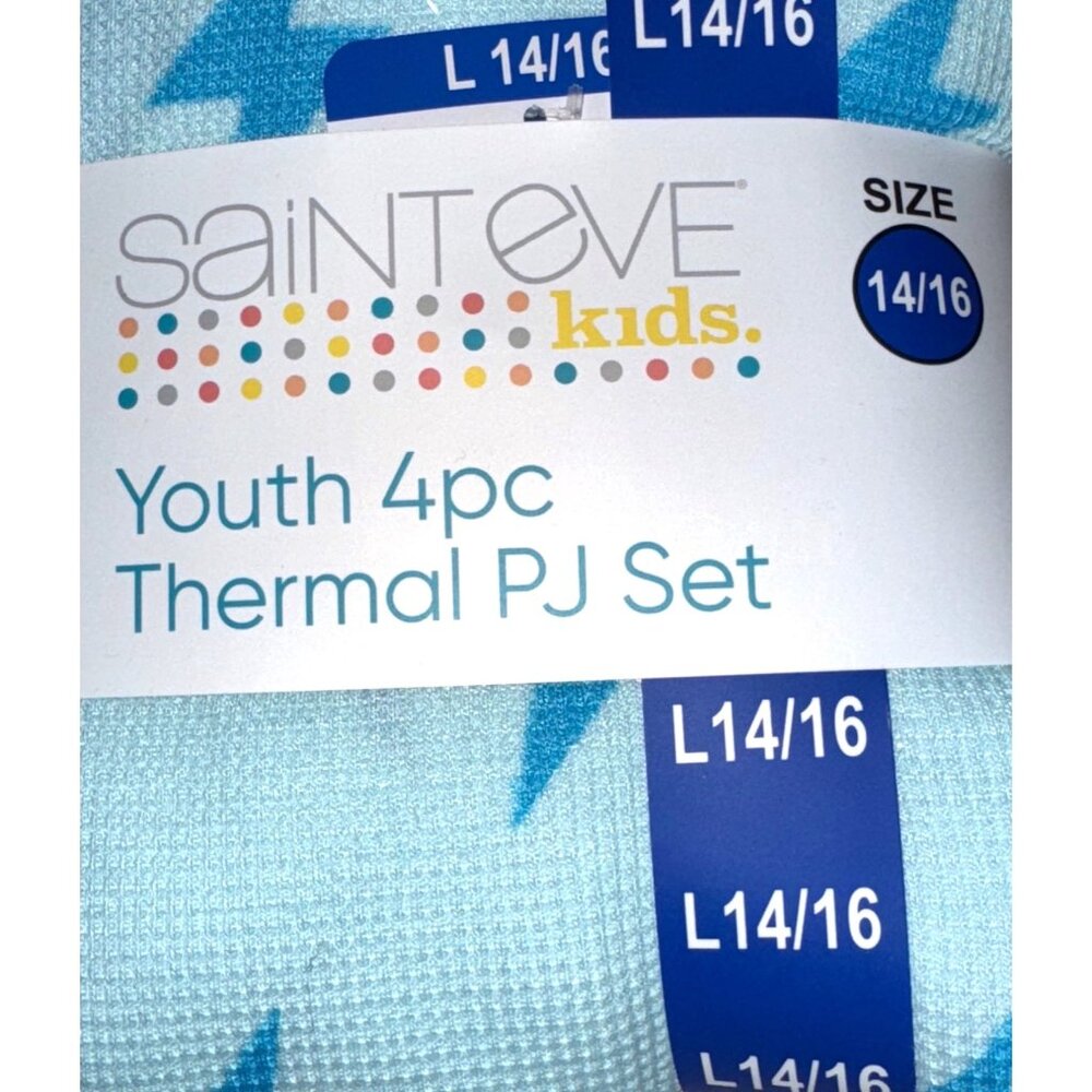 Saint Eve Kids Youth 4Pc Thermal Pajama Set L 14/16 Blue Lightning Print - Picture 3 of 4